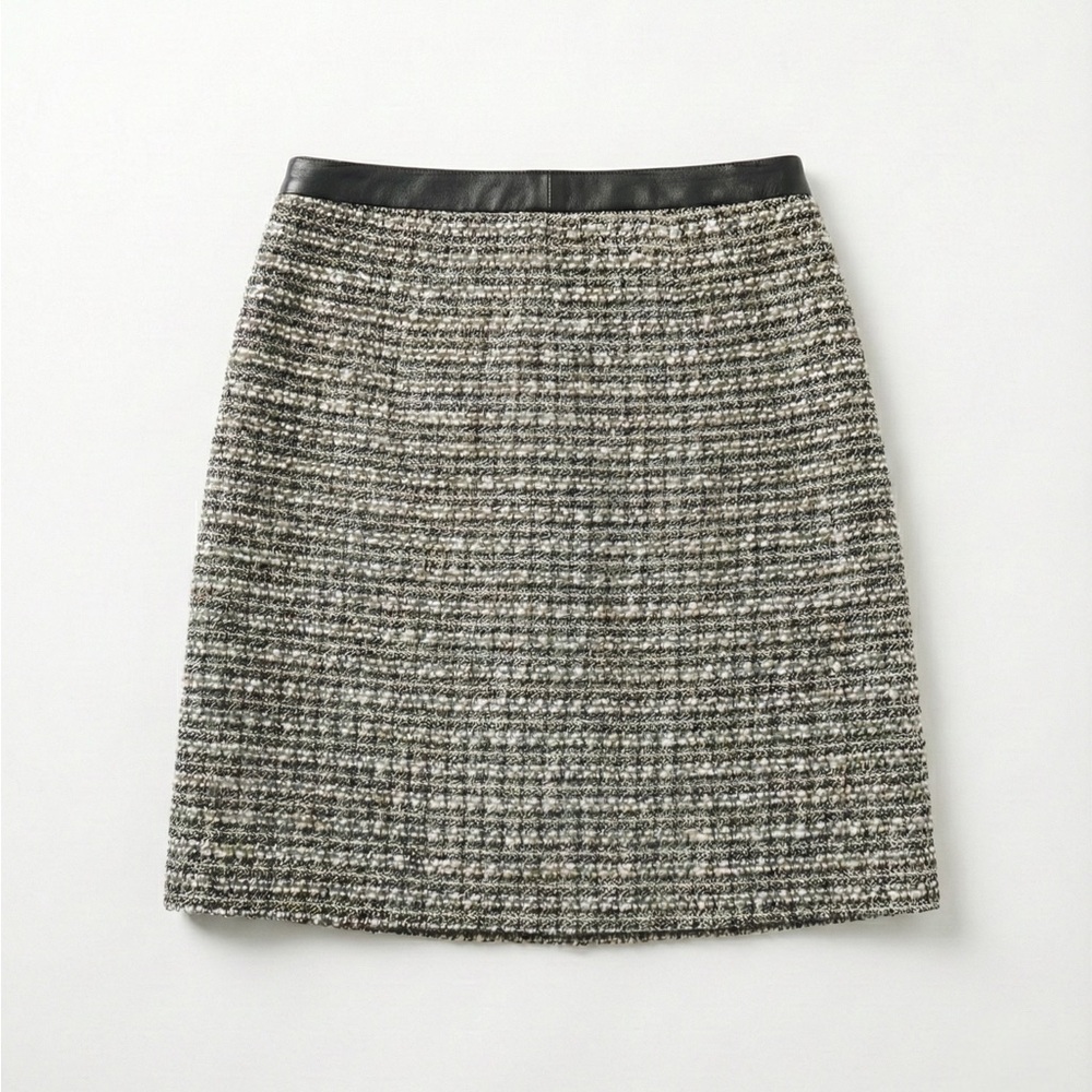 Halogen Tweed Pencil Skirt Faux Leather Waist 10P Black White Career Office